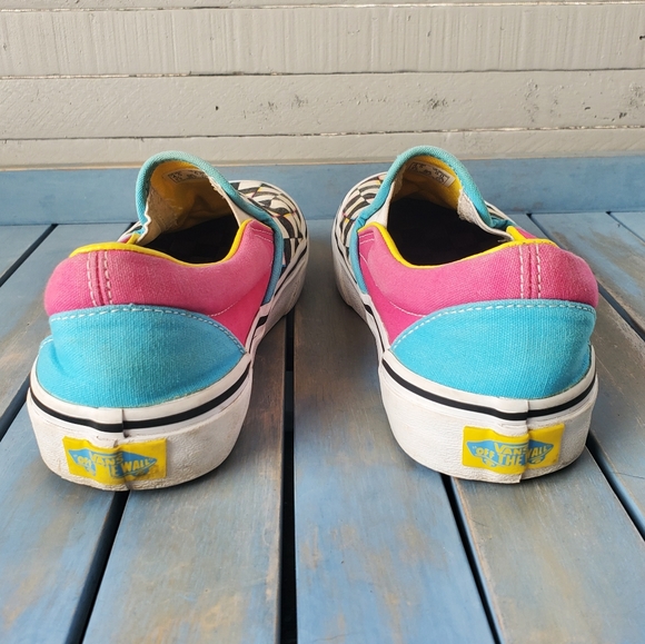 VANS Checkerboard Slip-On Black White Pink Blue Yellow Women's Size 6 - Picture 6 of 10